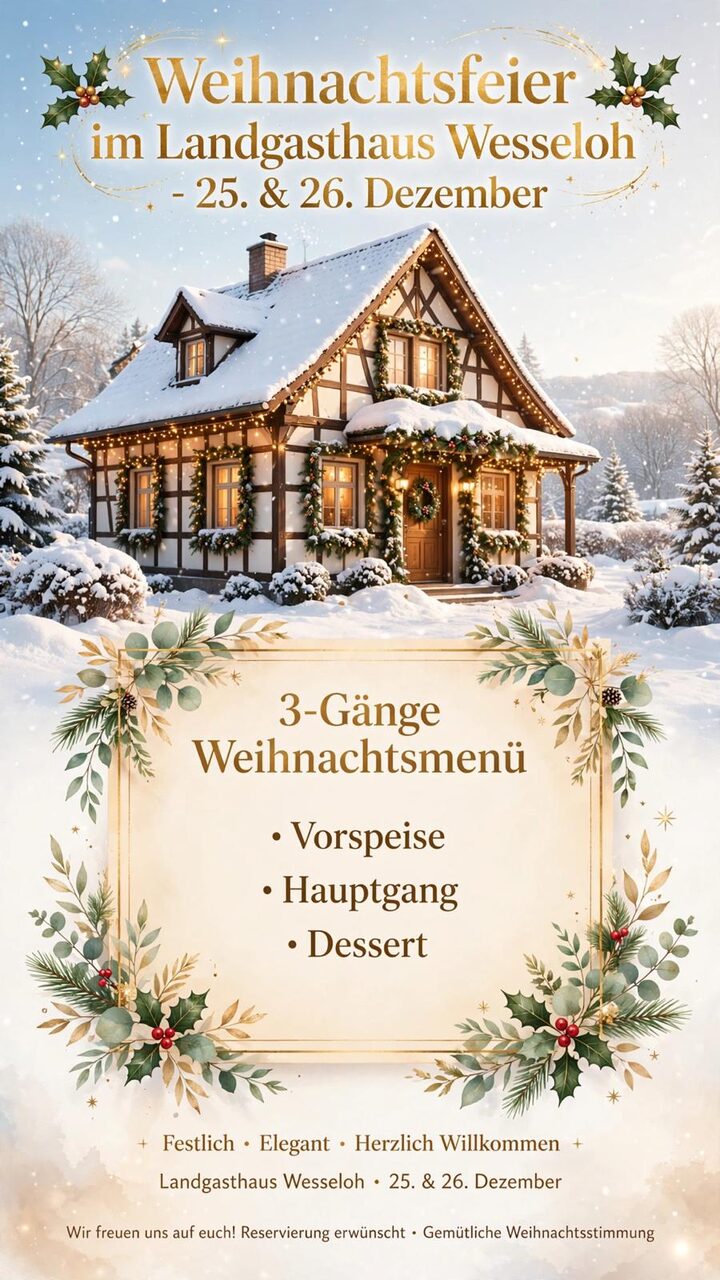Verschneites Fachwerkhaus mit Lichterketten, darunter die Ankündigung des 3-Gänge-Weihnachtsmenüs am 25. und 26. Dezember